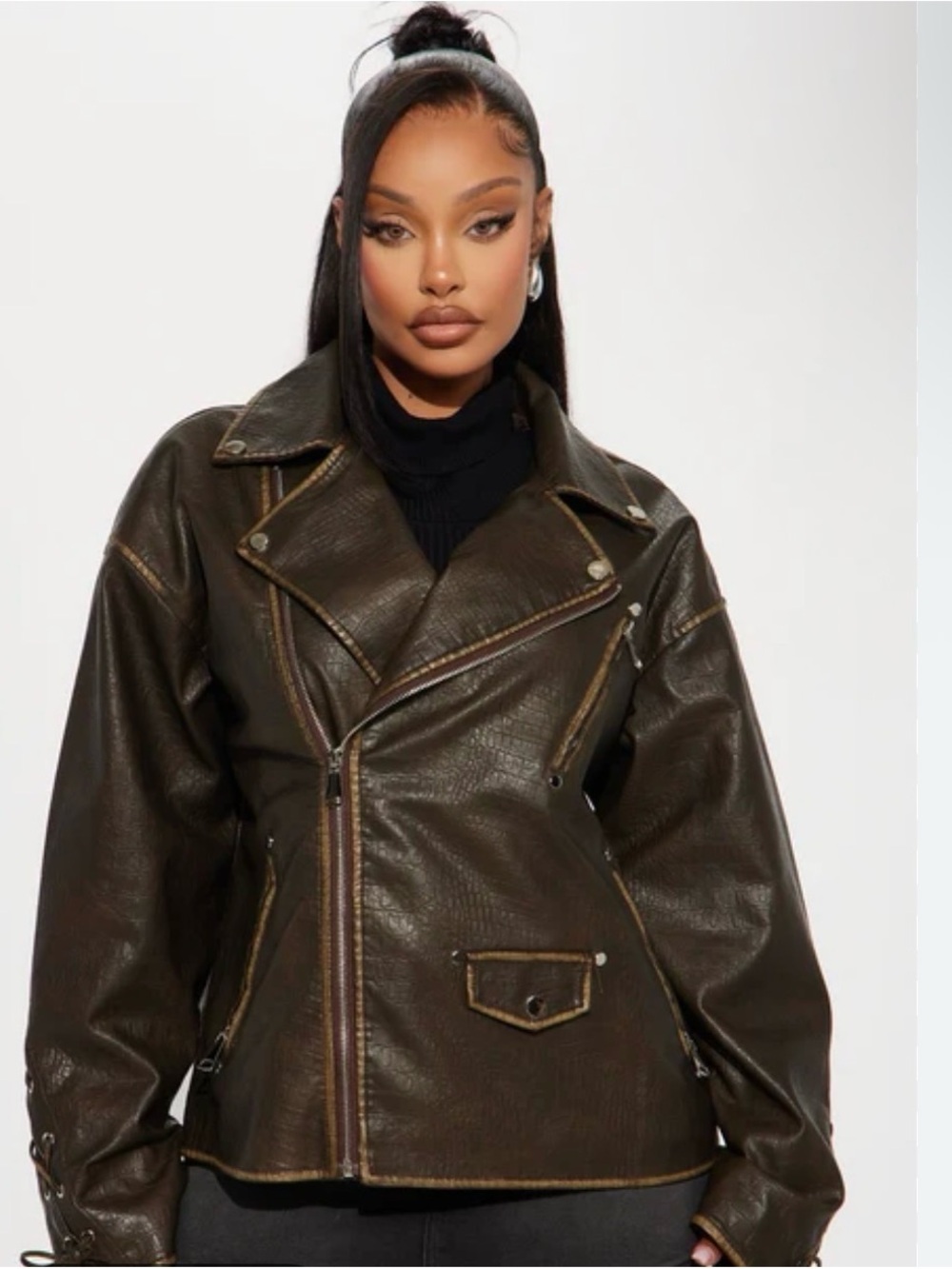 Fashion Nova Watch Your Back Croc Lace Up Faux Leather Moto Jacket - Dark Brown